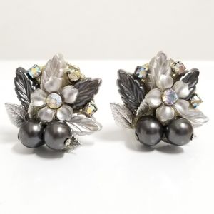 Beau Jewels Vintage Rhinestone & Faux Black Pearl Floral Clip Earrings
